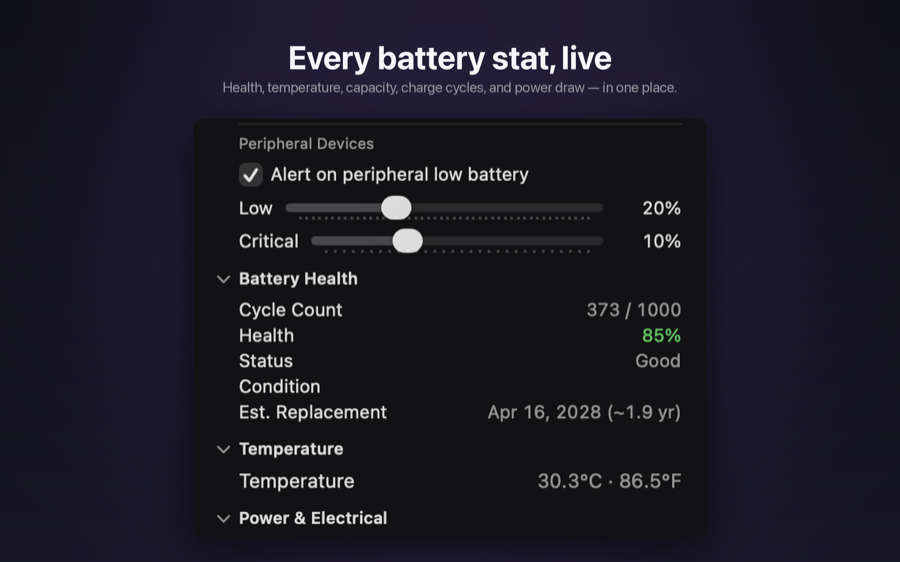 Battery Beacon showing charge stats