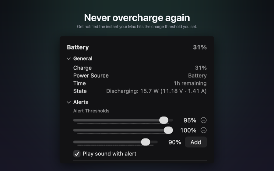 Battery Beacon alert settings showing configurable charge thresholds