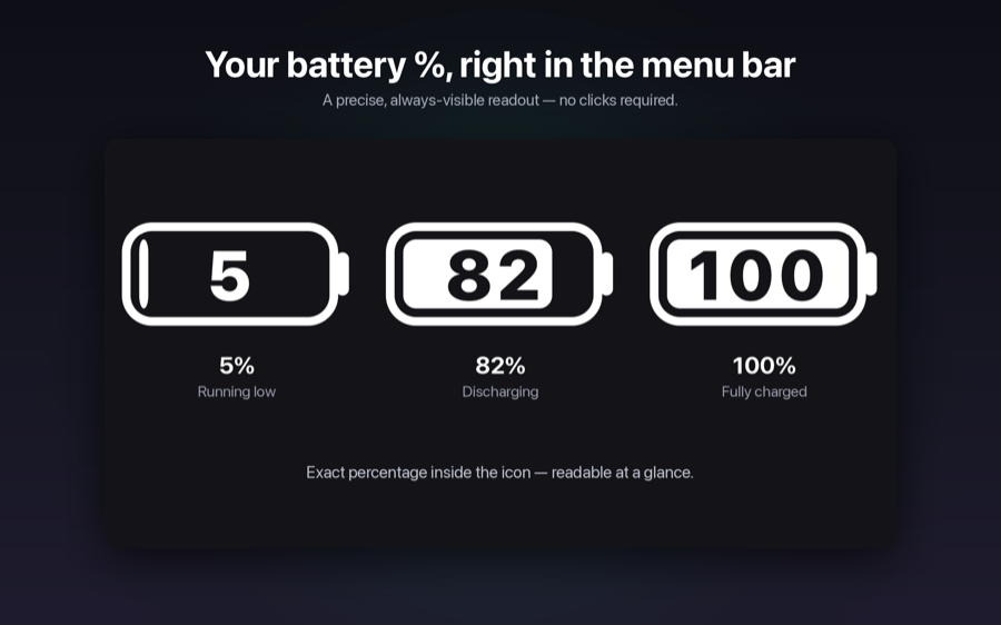 Battery Beacon's menu-bar icon showing battery percentage and a charging bolt